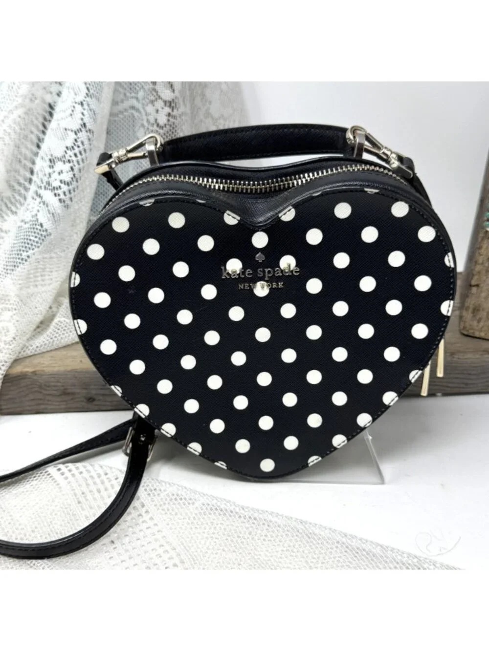 Kate Spade Black & White Polka Dot Heart-Shaped Crossbody Bag With Gold Hardware